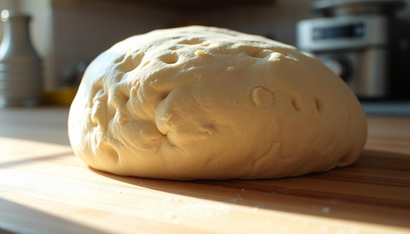 A perfectly risen pizza dough, its surface dotted with air pockets, gently illuminated by soft, natural lighting. The dough rests on a clean, wooden surface, the warm glow of the kitchen visible in the background. Delicate shadows cast by the dough's form lend depth and dimension to the scene. The image conveys the satisfying, homemade feel of the pizza-making process, inviting the viewer to imagine the aroma and texture of the dough as it continues to proof and develop.