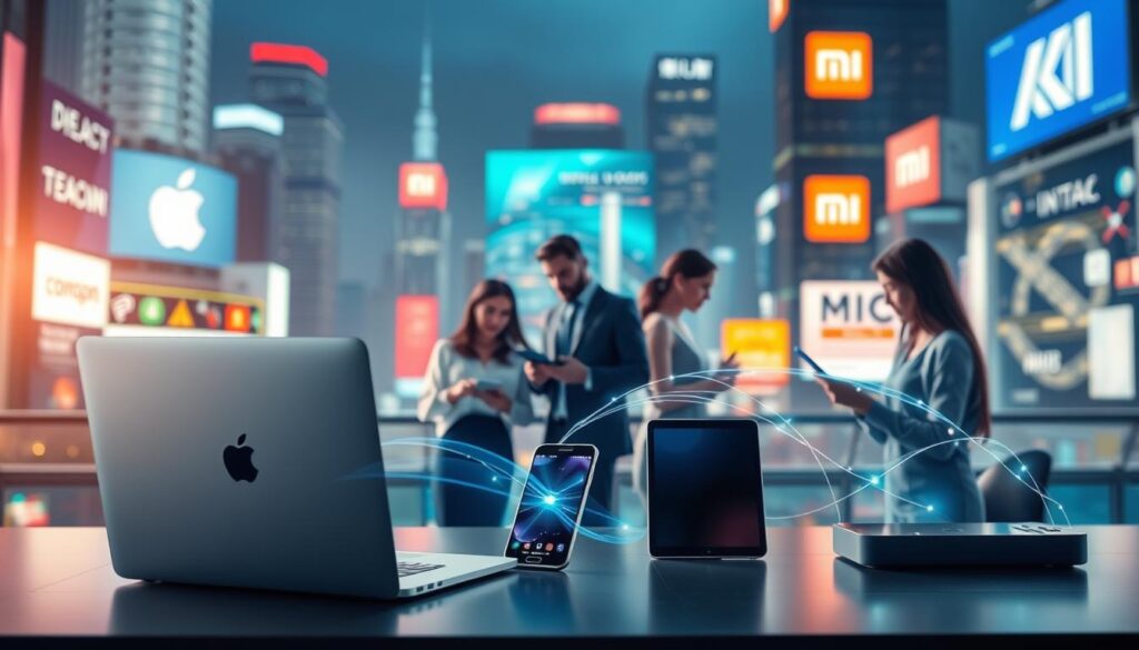 A futuristic tech landscape showcasing the seamless integration of ecosystems from Apple, Samsung, and Xiaomi. In the foreground, a sleek, modern workspace features a MacBook, a Samsung Galaxy phone, and a Xiaomi Mi device, all interconnected with glowing, flowing lines symbolizing data transfer. The middle ground displays diverse, professionally dressed individuals collaborating, using these devices effortlessly. The background is a vibrant cityscape with digital billboards highlighting each brand's logo. Utilize soft, ambient lighting to create a harmonious atmosphere, with a shallow depth of field that draws focus on the devices and people while softly blurring the city in the distance. The mood is innovative and cooperative, emphasizing user-friendliness and technological synergy.