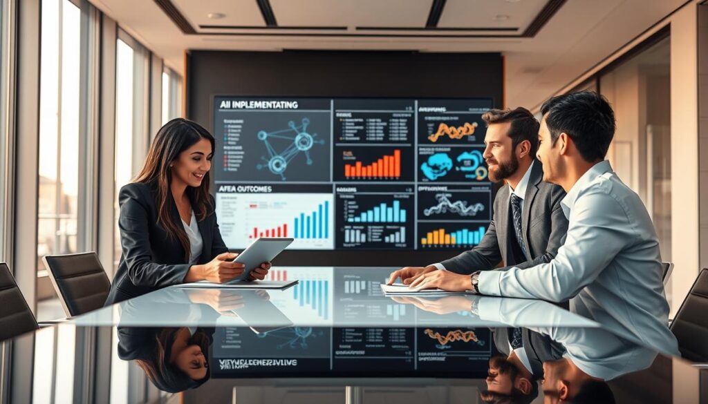 A modern office environment showcasing a successful AI partnership between professionals and technology. In the foreground, a diverse group of three individuals in professional business attire—one woman and two men—are collaborating around a sleek conference table, analyzing data on a digital tablet. In the middle ground, a large screen displays visual analytics and AI implementation charts, highlighting successful outcomes. The background reveals a futuristic office space with large windows letting in soft, natural light, creating a welcoming atmosphere. Use a wide-angle lens to capture the teamwork and engagement, with a warm color palette to convey optimism and innovation. Emphasize a professional yet dynamic mood that reflects collaboration in AI advancements.