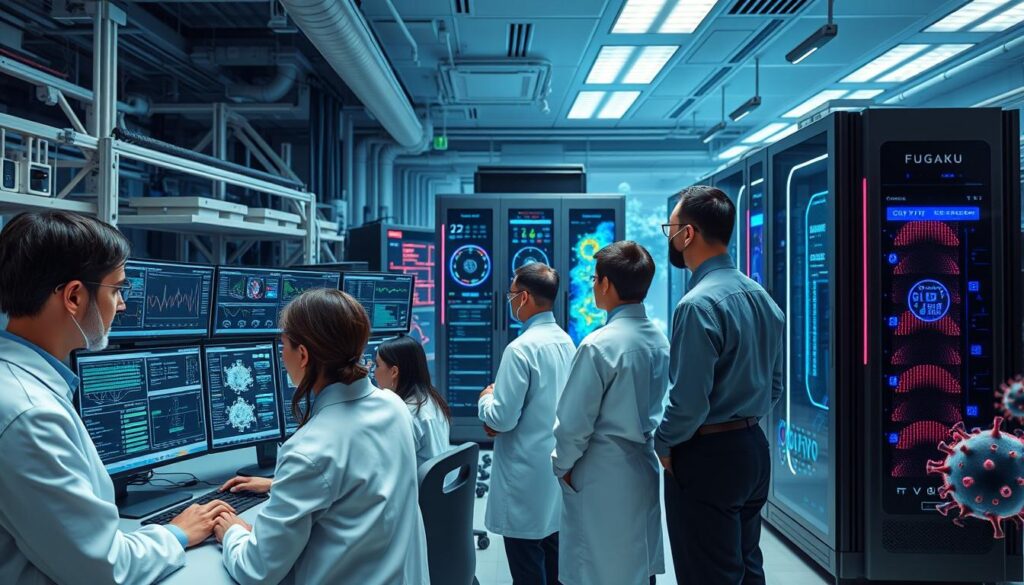 A high-tech research laboratory setting depicting a simulation study on COVID-19 using a supercomputer. In the foreground, a diverse team of scientists in professional attire, deeply engaged in analyzing large data sets displayed on advanced screens, showcasing complex graphs and viral models. The middle ground features the impressive Fugaku supercomputer, with its unique design highlighted by LED indicators and cooling systems. The background is filled with high-tech equipment and molecular structures associated with virus research, creating an atmosphere of innovation and urgency. The lighting is bright and focused, illuminating the workstation while casting soft shadows, evoking a mood of determination and collaboration. Use a slightly elevated angle to capture the dynamic interaction between the scientists and the technology.