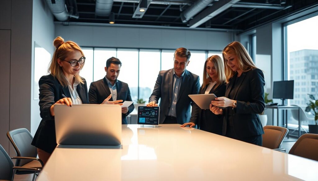 A modern office space featuring a diverse group of professionals gathered around a sleek, contemporary table, engaged in a focused discussion about using artificial intelligence tools, specifically ChatGPT. In the foreground, a woman in smart casual attire gestures towards a laptop displaying an AI interface. In the middle ground, a man in business attire takes notes, while another female colleague points at a digital tablet showcasing AI-driven data. The background highlights a large window with natural light streaming in, casting a soft glow over the scene. The atmosphere is collaborative and inspiring, emphasizing innovation and teamwork in the workplace. The overall color palette is warm and inviting, with hints of technology reflected in the sleek, modern design elements.