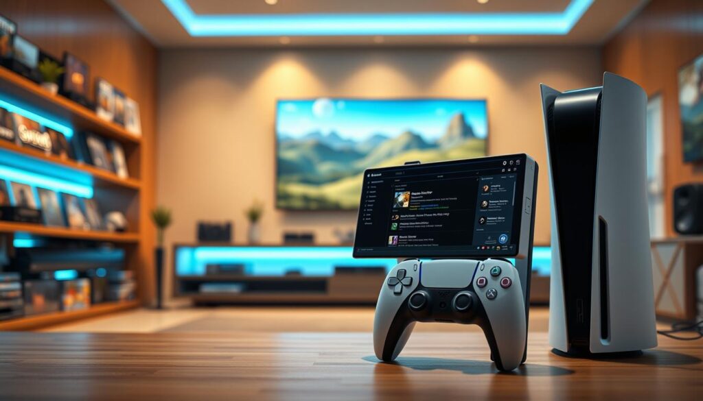A sleek, modern design showcasing a PS5 console prominently in the foreground, with the hidden browser interface displayed on its screen. The PS5 features its iconic curves and white-black color scheme, illuminated by soft ambient blue lighting. In the middle ground, a blurred gaming room is visible, with shelves lined with video games and accessories, enhancing the gaming atmosphere. The background features a stylish home entertainment setup, including a large screen displaying a digital landscape, hinting at the browser’s capabilities. The lighting is warm and inviting, creating a cozy, tech-savvy mood. The angle captures the essence of gaming and exploration, making it clear this is a unique feature being discussed: the hidden browser and its debugging aspect.